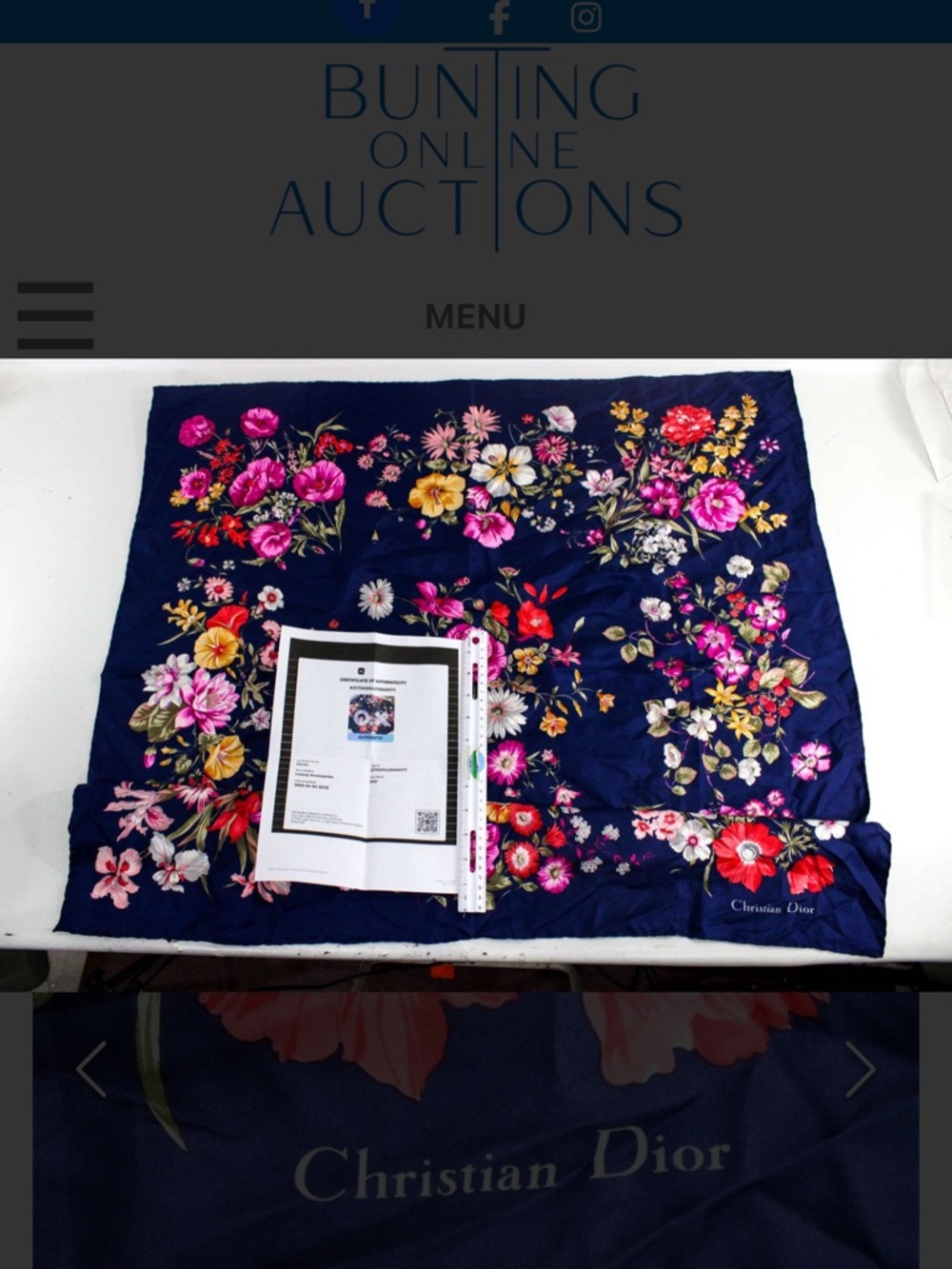 Dior Navy Silk Scarf with Red and Cream Floral Print with COA Simply Elegant - Picture 8 of 11